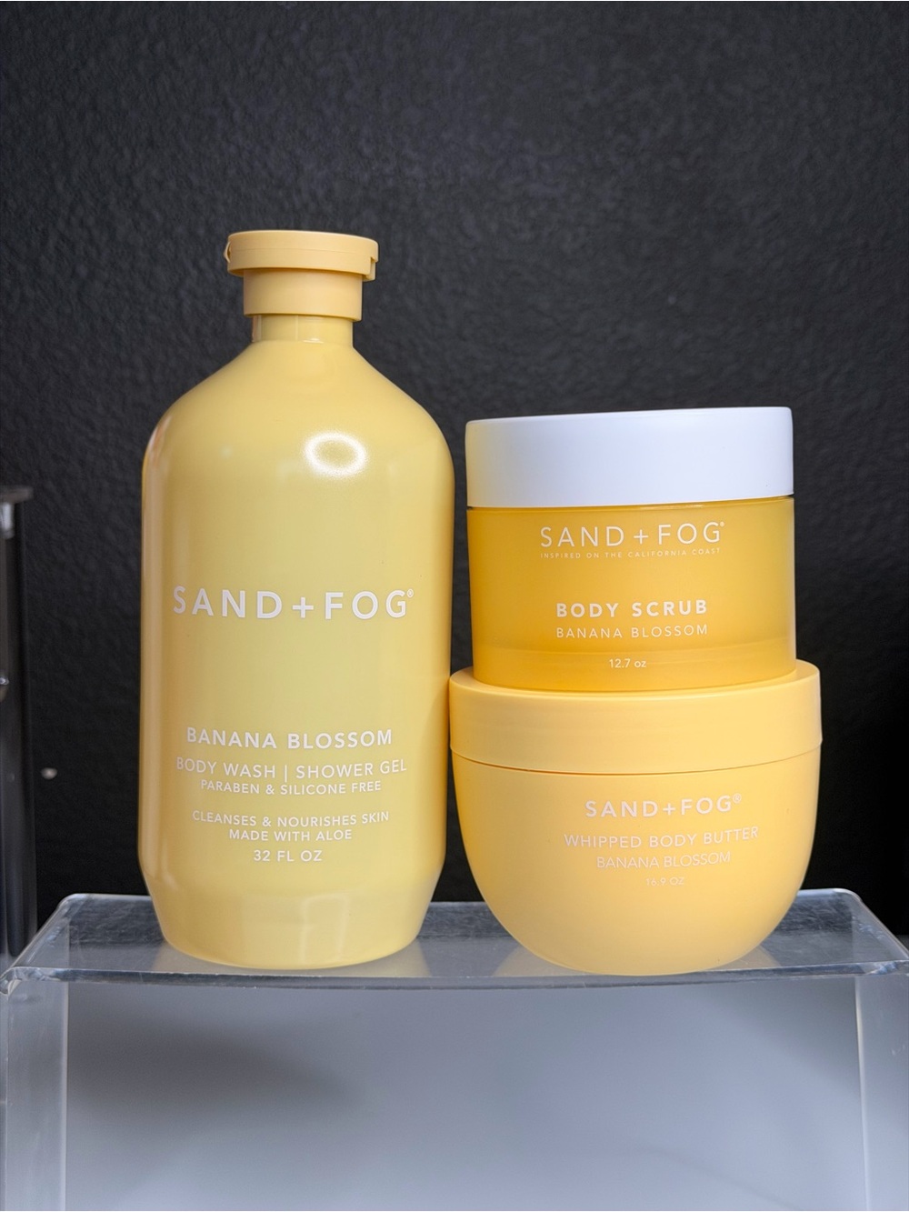 SAND+FOG Banana Blossom Body Wash, Scrub & Whipped Butter | Body Bundle Set of 3